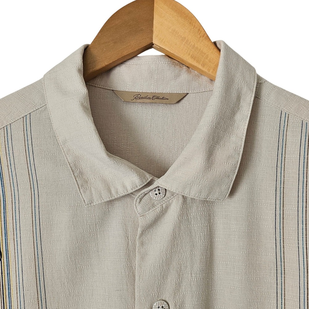 Paradise Collection 100% Silk Camp Shirt XL Beige Embroidered Stripe Resort Y2K